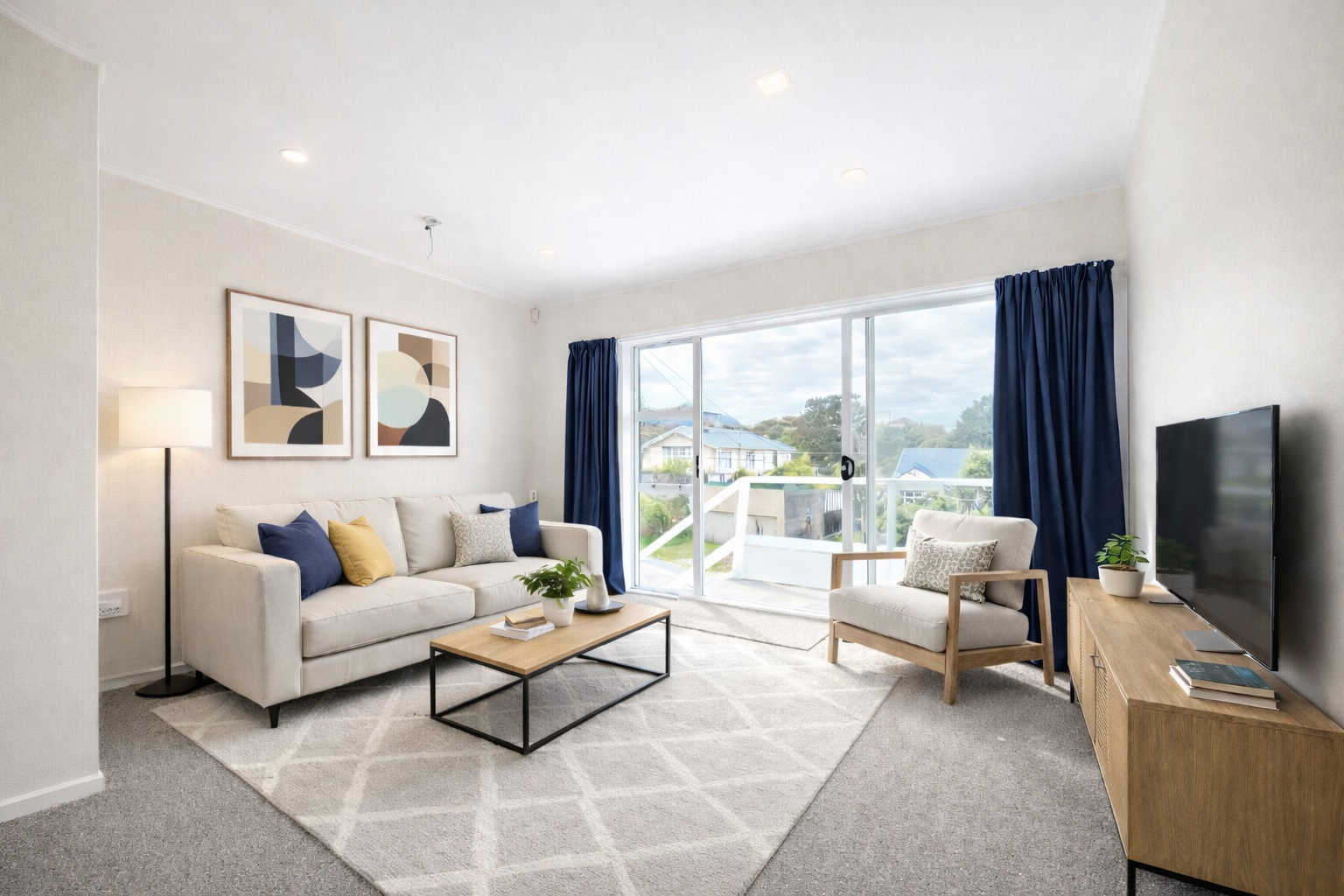 Bright living room with blue curtains and stylish furnishings